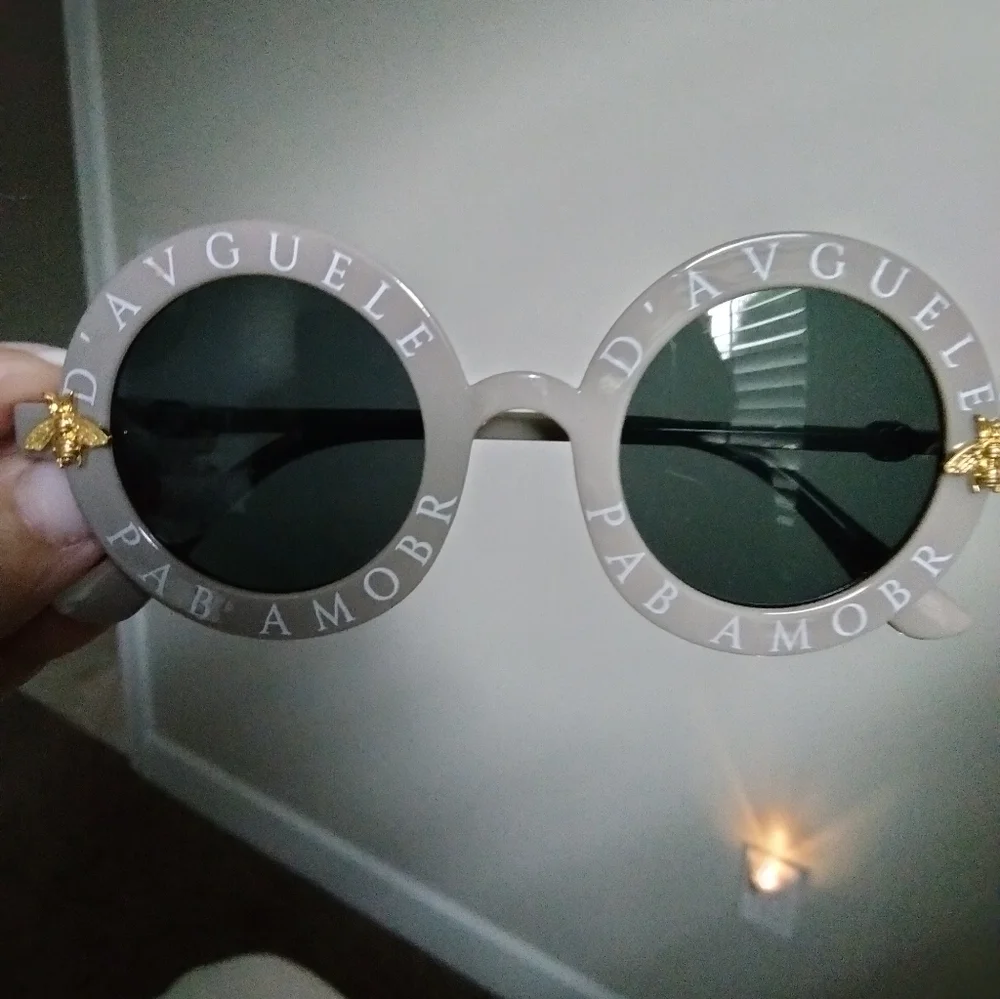 Pink French inspired rainbow mirrored sunglasses. Gold bee accents. Or g…